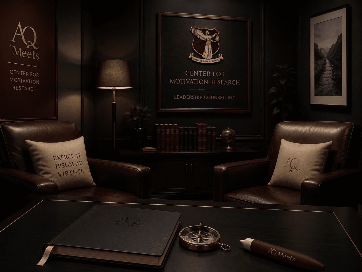 Private leadership counselling room with counsel desk and compass