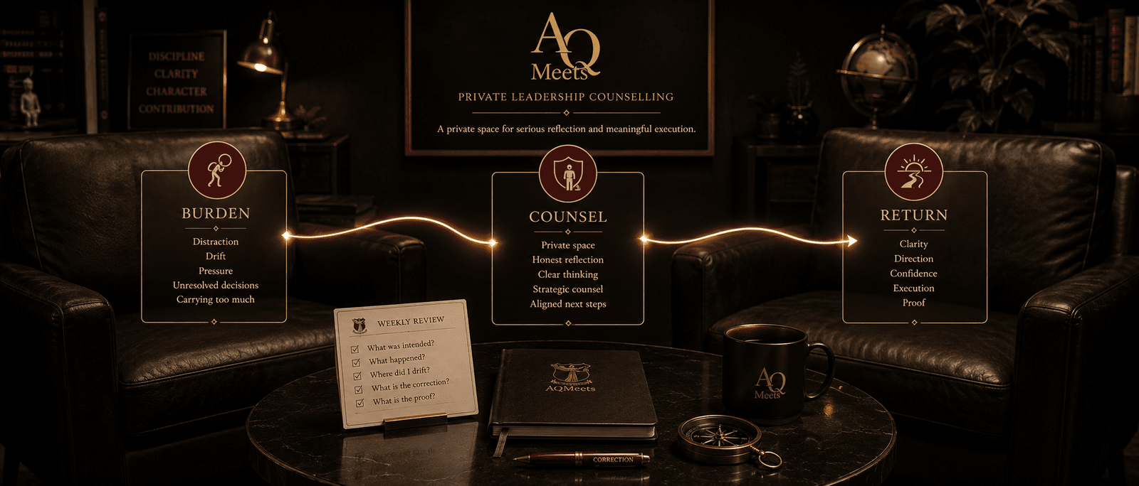 Private counselling room final call to action with weekly review card and compass