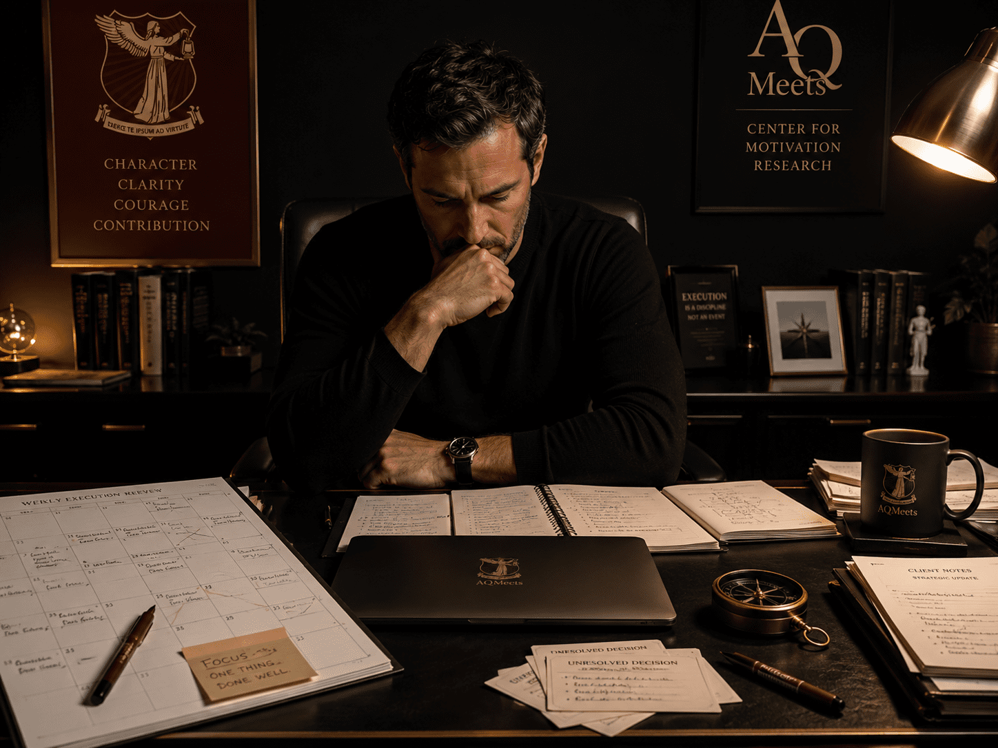 Founder alone at desk after hours carrying unresolved decisions